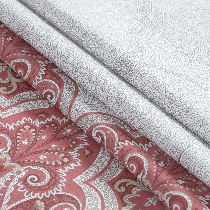 BESTRIPES 90 Inch Paisley Shower Curtain, Extra Long Water Repellent Fabric with Terracotta & Gray Bohemian Print, 12 Metal Grommets & Weighted Hem, 72x90 Inches - ModernBath