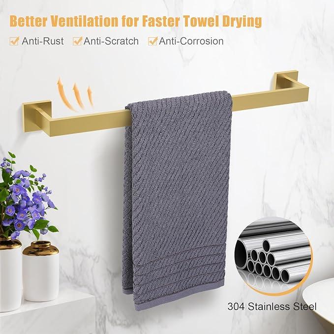 TURS Brushed Gold 4-Pieces Bathroom Hardware Set Towel Bar Set Include 16 Inch Single Towel Bar Towel Holder Toilet Paper Holder Towel Wall Mounted Robe Hook, Stainless Steel - ModernBath