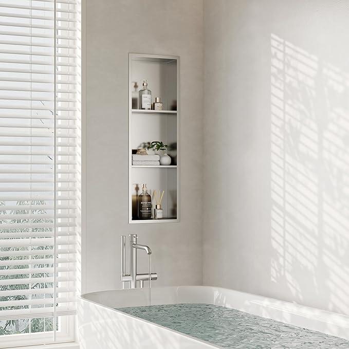 Qeke Stainless Steel Shower Niche 12" X 36", Bathroom Wall Niche Three-Tier, No Tile Needed Recessed Shower Shelf for Bathroom Storage, Brushed Nickel - ModernBath