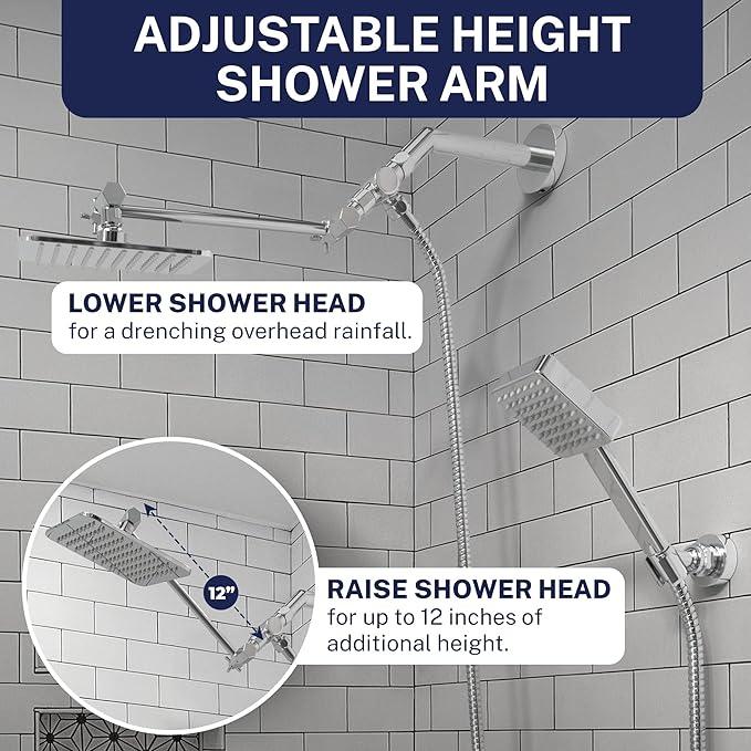 HammerHead® Solid Metal Dual Shower Head Combo — 8" Square Rain Shower Head with Handheld, 12" Adjustable Arm & Wall-Mount Holder for Flexible Installation — Chrome - ModernBath