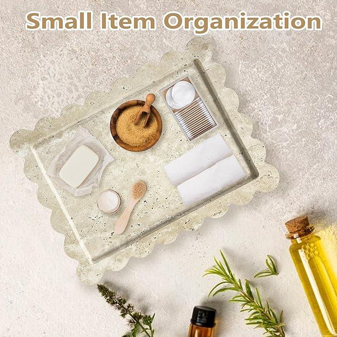 Prolee Scalloped Marble Tray,Marble Vanity Trays for Bathroom 12" x 9", Scalloped Tray,Wave Appearance Jewelry Home Decor Stone Trays for Kitchen Counter, Bathroom, Beige Travertine - ModernBath