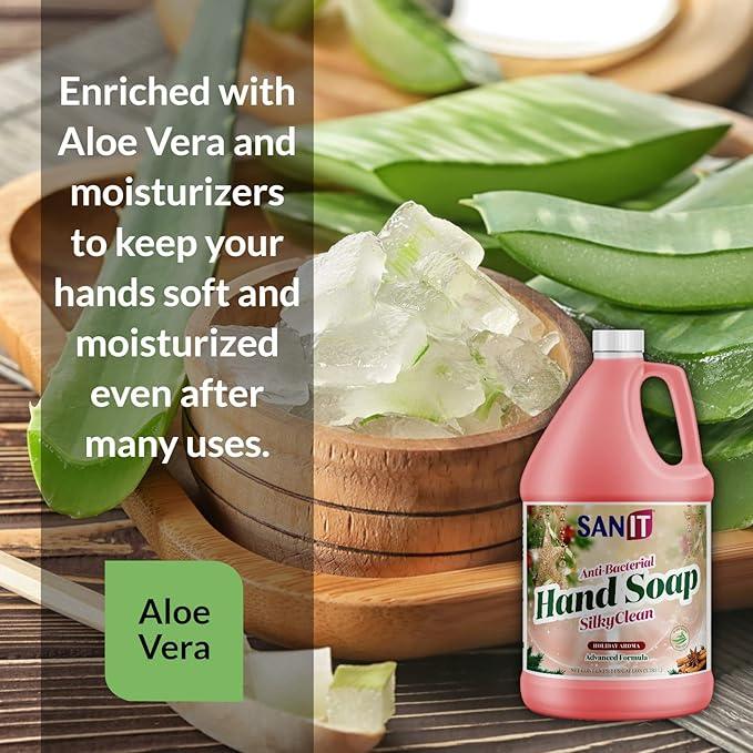 Sanit Silky Clean Antibacterial Liquid Gel Hand Soap Refill - Advanced Formula with Coconut Oil and Aloe Vera - All Natural Moisturizing Hand Wash - Made in USA, Holiday Aroma, 1 Gallon - ModernBath