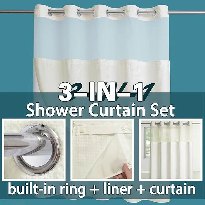 Conbo Mio No Hook Waffle Weave Shower Curtain with Snap in Liner Set, Hotel Luxury Beige Shower Curtains for Bathroom with See Through Top Window, Waterproof, Washable 71W x 74H - ModernBath