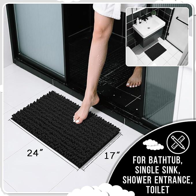 Yimobra Bathroom Rugs Non Slip Washable - Ultra Soft Absorbent Chenille Bath Mat, Quick Dry Shaggy Floor Carpet for Tub Shower, Black Home Decor Accessories, 24x17 Inch - ModernBath