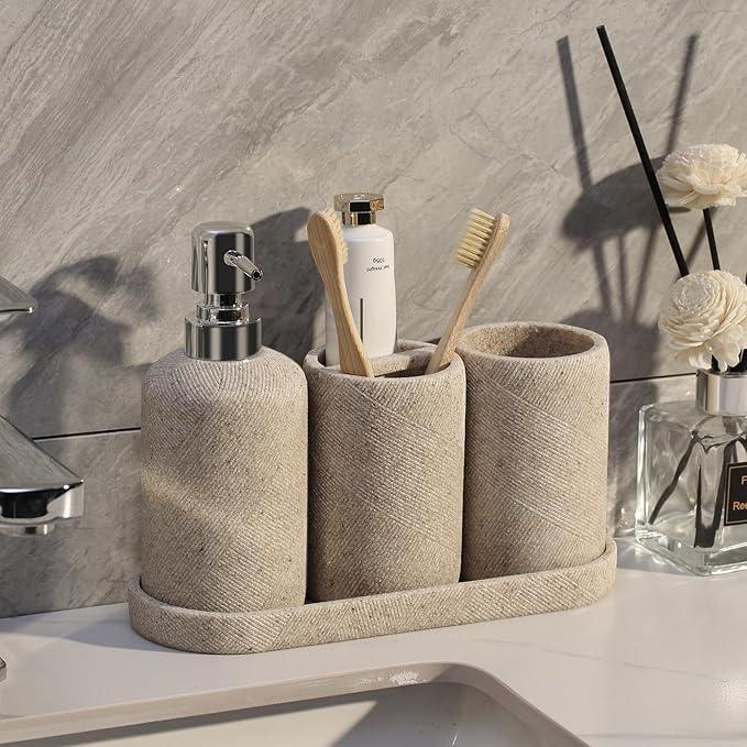 Bathroom Accessories Set, Bathroom Organizer Countertop, Soap Dispenser and Toothbrush Holder, Mouthwash Cup, Tray Set, Vanity Tray for Bathroom, 4 Pieces Modern Decor (Beige) - ModernBath