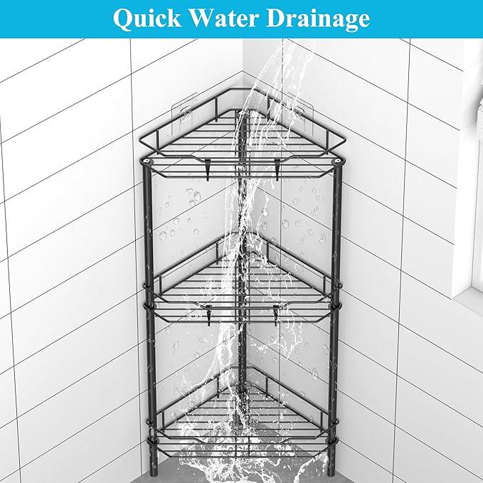 3 Tier Floor Standing Corner Shower Caddy Organizer Shelf with Hooks, Bathroom Shelves Stand Rack, Matt Black - ModernBath