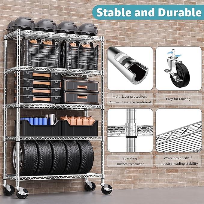 5-Shelf Storage Shelves,Wire Shelving Heavy Duty Metal Storage Shelving Unit Adjustable Garage Shelving Rack Pantry Kitchen (Chrome, 5 Tier,17.7" D x 47.2" W x 76.7" H) - ModernBath