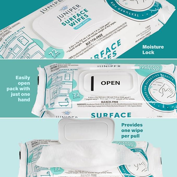 Juniper CLEAN 24 Pack Surface Cleaning Wipes Bleach Free, All-Purpose Cleaner for Bathroom, Kitchen, Office, 1728 Count Soft Flow, Fresh Scent, Bleach Free, Lint Free, Durable - ModernBath