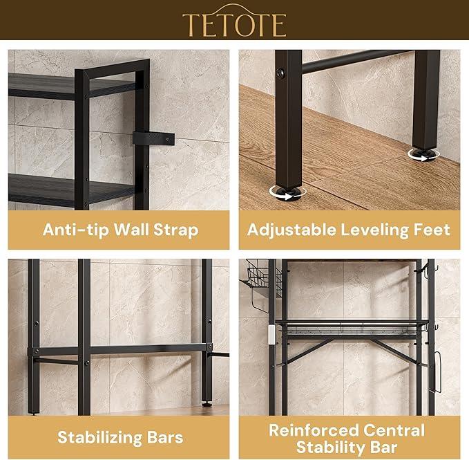 TETOTE Over Toilet Bathroom Organizer, 4-Tier Bathroom Over The Toilet Storage with Adjustable Shelf and Basket, Freestanding Space Saver Bathroom Shelves Above Toilet for Room(Black) - ModernBath