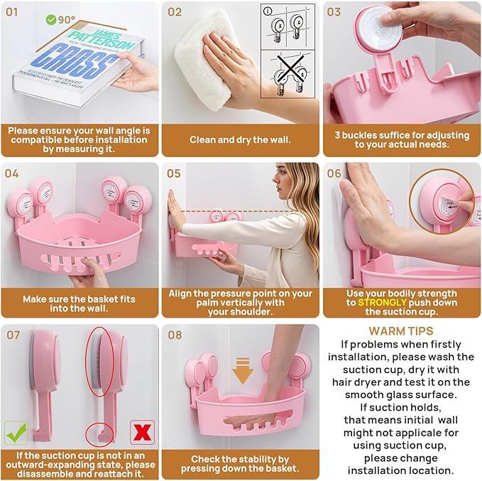 LEVERLOC Corner Shower Caddy Suction Cup, Powerful Suction Bathroom Shower Shelf, Waterproof and Rustproof Organizer for Bathroom Storage and Kitchen, No-Drilling Removable, Pink - ModernBath