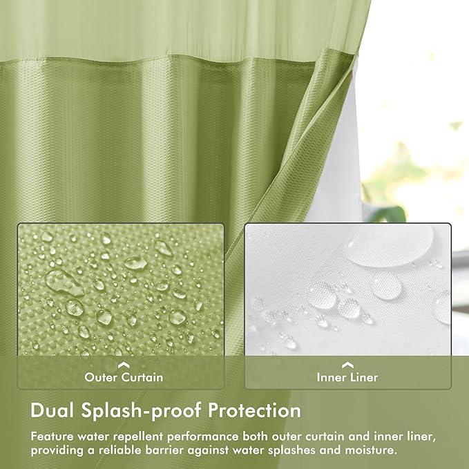 Mrs Awesome No Hook Shower Curtain with Snap-in Liner, Embossed Waffle Design Fabric Shower Curtain for Bathroom, Soft & Lightweight, 71x74, Sage Green - ModernBath