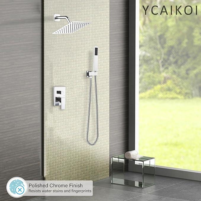 YCAIKOI Chrome Shower System, 8 Inch High Pressure Rain Shower with Handheld, Wall Mount Shower Faucet Set for Bathroom, Rough-in Valve Body and Trim Included - ModernBath