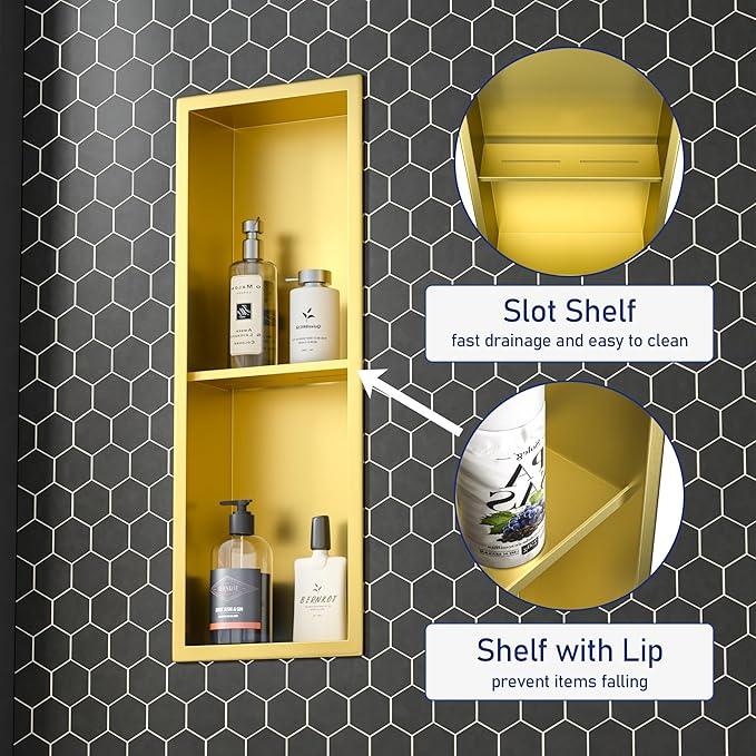 Stainless Steel Shower Niche 8"×24" Gold Double Shelf No Tiled Needed Niche Shower for Bathroom Wall Recessed Bathroom Shelf for Storage - ModernBath