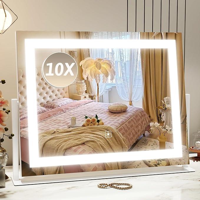 ROLOVE Vanity Mirror with Lights 22"x18", Lighted Makeup Mirror with 10X Magnification, Smart Touch 3 Colors Dimmable, 360° Rotation, Women Gift, Dresser Mount, Bathroom (White) - ModernBath