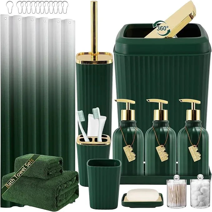WSBArt 32PCS Bathroom Accessories Set Bathroom Set,Hunter Green Shower Curtain Set,Bath Towel Set,Hand Towel,Toilet Brush,Trash Can & 3PCS Soap Dispenser - ModernBath