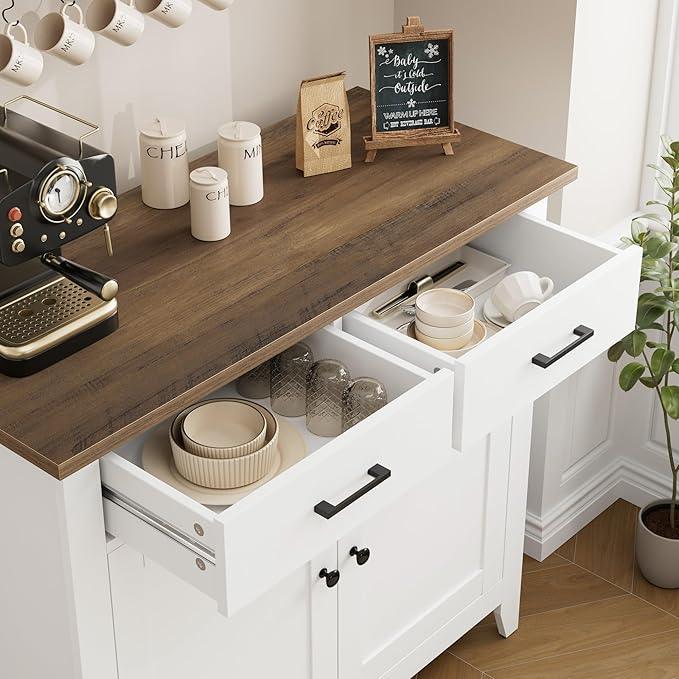 HORSTORS Kitchen Storage Cabinet, Modern Farmhouse Buffet Cabinet with Storage, Coffee Bar with 2 Drawers and 2 Doors, Floor Sideboard Buffet for Living Room, Dining Room, Bathroom, Ivory White - ModernBath