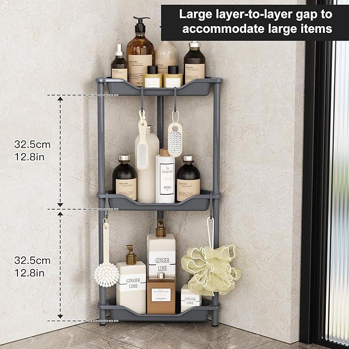 Orimade Rustproof 3 Tier Floor Standing Corner Shower Caddy Organizer, Plastic Metal Splicing Floor Corner Shelf Rack Stands for Bathroom, Grey - ModernBath