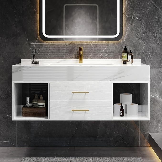 homary 35.4" Floating Bathroom Vanity Set, Modern Wall-Mounted Vanity Bathroom Medicine Cabinet with Sintered Stone Countertop, Undermount Sink & White, 2 Open Storage Shelves - ModernBath