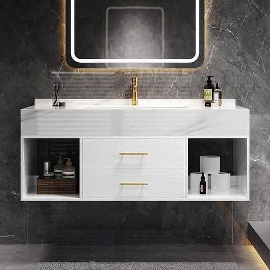 homary 35.4" Floating Bathroom Vanity Set, Modern Wall-Mounted Vanity Bathroom Medicine Cabinet with Sintered Stone Countertop, Undermount Sink & White, 2 Open Storage Shelves - ModernBath