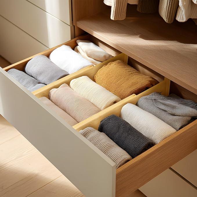 VaeFae 3 Pack Bamboo Drawer Dividers, 4" High Adjustable 11.9-17.1" Clothes Drawer Organizers, Expandable Separators for Bedroom/Bathroom/Kitchen/Office Storage - ModernBath