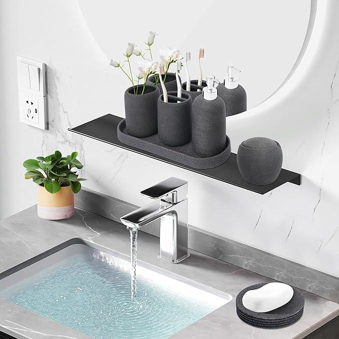 Resin Bathroom Accessory Set - 6PCS Bathroom Accessories Set, Bath Vanity Countertop Accessories with Soap Dish, Lotion Dispenser, Toothbrush Holder, Toothbrush Cup, Vantiy Tray, Qtip Holder (Black) - ModernBath