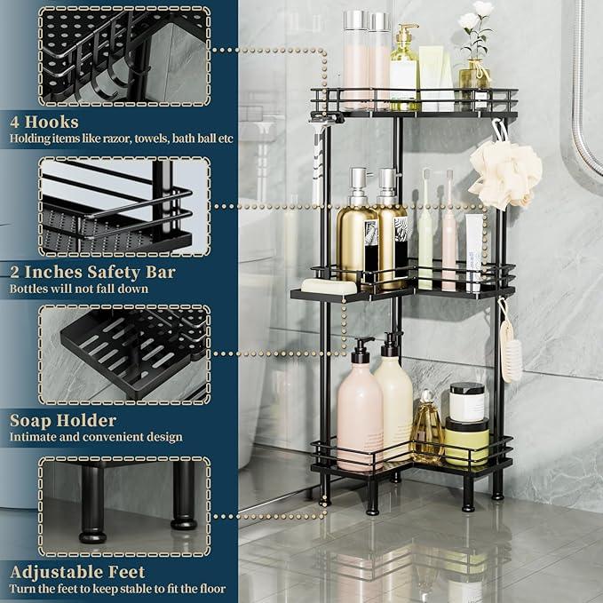 Consumest Corner Shower Caddy Standing - 3-Tier Stainless Steel Shower Organizer with Soap Holder and 4 Hooks, Large Capacity Corner Shelf Stand for Bathroom, Rest Room, Black - ModernBath