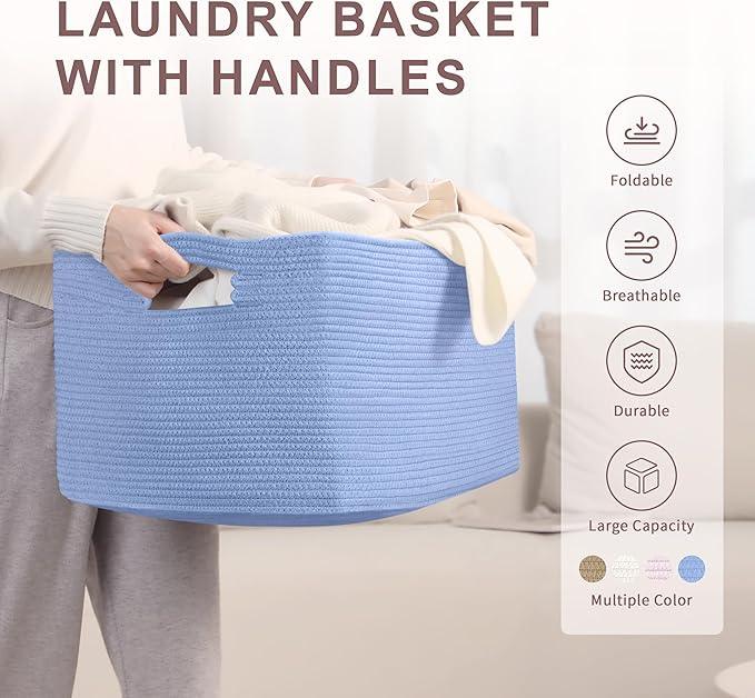 72L Large Baby Girls Laundry Basket for Nursery Storage,Cute Woven cotton Rope Baskets for Kids Toy，Gifts, Boho Square Wicker Blanket hamper for Living Room,Bedroom Dirty Clothes,Blue Purple - ModernBath