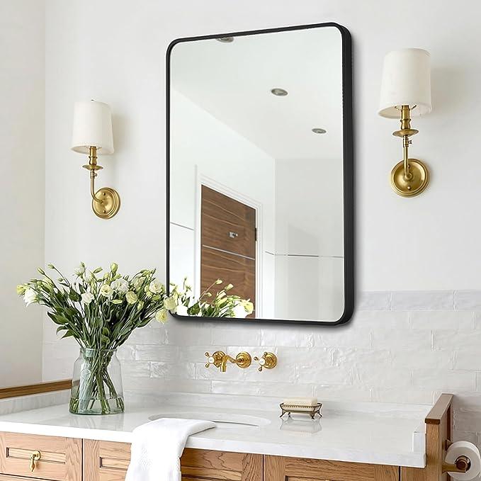 Bonverre 24x36 Inch Rectangle Bathroom Mirror with Black Metal Frame, Rounded Corner Rectangular Vanity Mirror for Wall, Modern Large for Bedroom, Living Room, Horizontal or Vertical - ModernBath