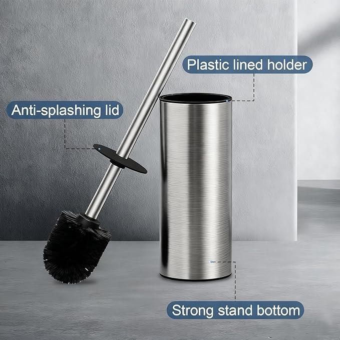 Toilet Brush and Holder Set, NEWRAIN Stainless Steel Toilet Brush with Long Brush Handle, Brushed Nickel Toilet Scrubber and Covered Holder, Round Design Sturdy and Space Saving, Covered Brush - ModernBath