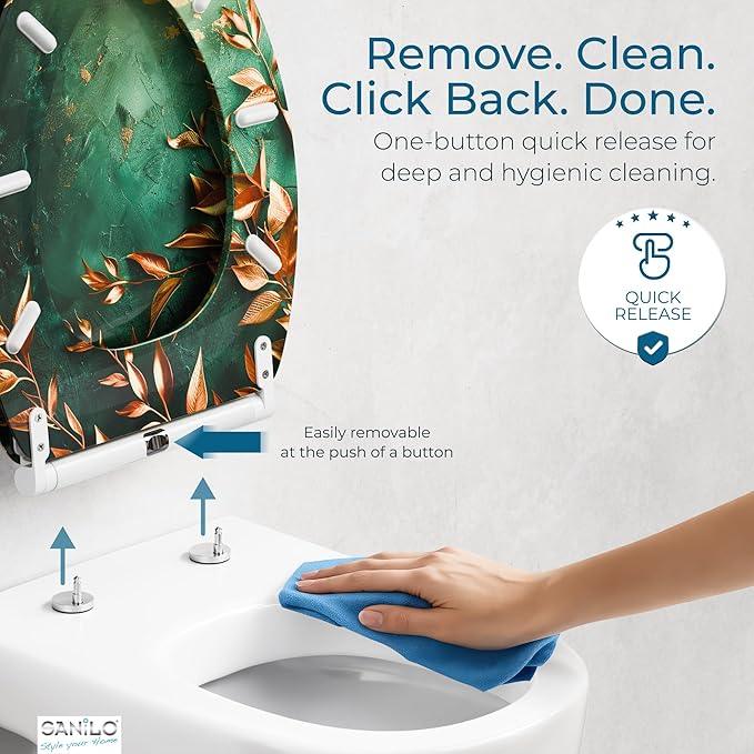 Sanilo Wooden Toilet Seat with Quick Release & Soft Close [ELONGATED] - Decorative & Slow Close Molded Wood Seat - With One Click for Easy Installation & Cleaning - With Adjustable Fit (Greego) - ModernBath