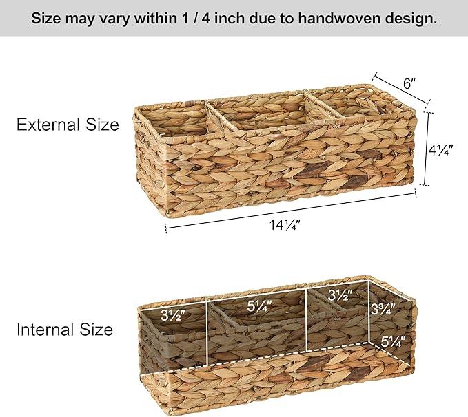 StorageWorks Wicker Basket Tank Topper, Wicker Storage Basket for Shelves, Toilet Paper Basket for Back of Toilet Tank Top, 3-Section Water Hyacinth Storage Baskets, 2-Pack - ModernBath