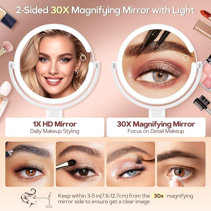B Beauty Planet Vanity Mirror with Lights, 30X Magnifying Makeup Mirror with 3 Lighting and Adjustable Brightness, Rechargeable 2-Sided Height Adjustable Desk Mirror for Bathroom, Gift for Women White - ModernBath