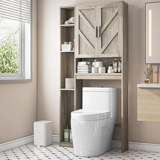 Over The Toilet Storage Cabinet with 7 Storage Shelves, Above Toilet Bathroom Organizer with Toilet Paper Holder Stand, Behind Toilet Cabinet, Space Saver for Restroom, Bathroom, Laundry, Grey - ModernBath