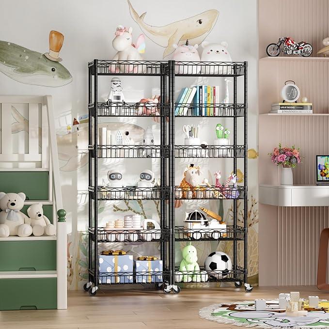 6 Tier Basket Shelf Wire Shelving Unit Adjustable Storage Shelves Big Basket Rack for Garage Kitchen Office Pantry Corner 17.2" Dx12.2 Wx63 H Black - ModernBath