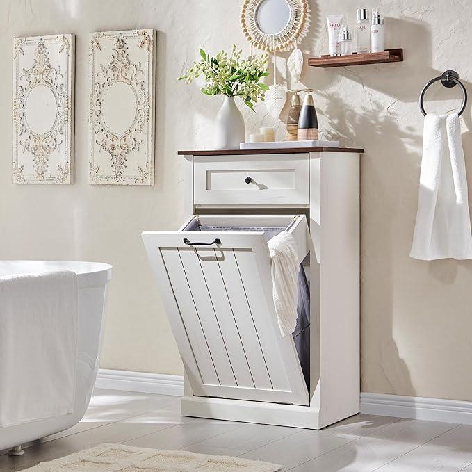 Tilt Out Laundry Hamper Cabinet, 10 Gallon Farmhouse Trash Can Cabinet with Drawer, Hidden Wood Garbage Can Bin Cabinet with Laundry Storage Basket for Bathroom, Kitchen, Antique White - ModernBath