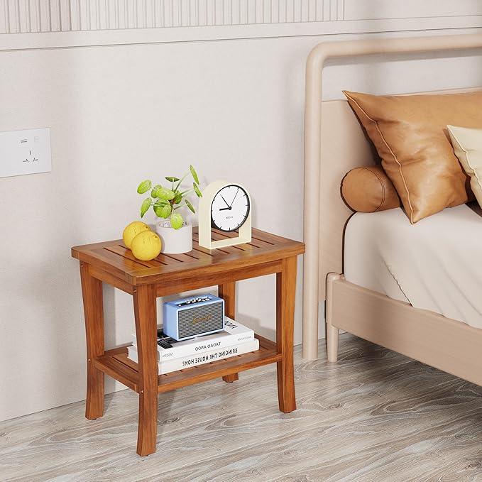 Large Teak Wood Shower Bench Stool with Storage Shelf Wooden Teak Bench for Shower Seat Chair for Inside Shower Waterproof Teakwood Shower Bench Bathroom Spa Bathing Shower Stool with Non-Slip Feet - ModernBath