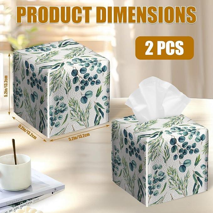 Eucalyptus Sage Tissue Box Cover 2PCS, Plants Leather Tissue Box Holder Square Facial Paper Case Tissue Box Cube Organizer for Bathroom Bedroom Desk Office - ModernBath