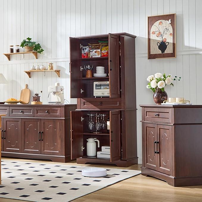 Farmhouse Storage Cabinet with 2 Doors and 1 Drawer, Adjustable Shelf, Freestanding Kitchen Pantry Cabinet, Modern Buffet Sideboard Coffee Bar Cabinet Living Room Bathroom Dining Room Cherry - ModernBath