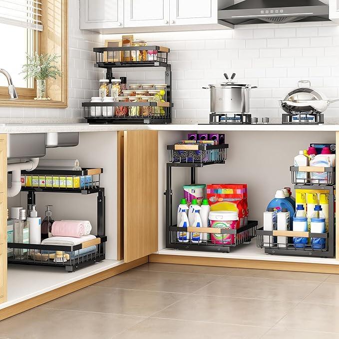PXRACK 1 Pack Under Sink Organizer,Adjustable Height,2 Tier Pull Out Under Cabinet Organizer,Slide Out Thickened Metal Under Sink Storage for Kitchen Bathroom Laundry Cabinet Pantry,Black(S) - ModernBath