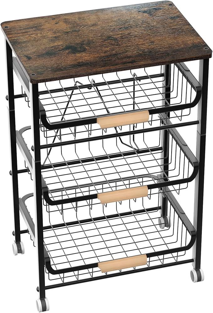 4-Layer Fruit Basket Kitchen Food Organizer and Rack, Stackable Storage Cart with Desktop, Pull-Out Hollow Metal Basket, Sliding Out Storage (Black 4-Layer Rack) - ModernBath