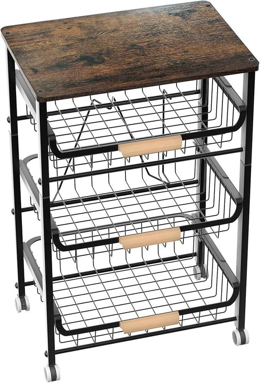 4-Layer Fruit Basket Kitchen Food Organizer and Rack, Stackable Storage Cart with Desktop, Pull-Out Hollow Metal Basket, Sliding Out Storage (Black 4-Layer Rack) - ModernBath