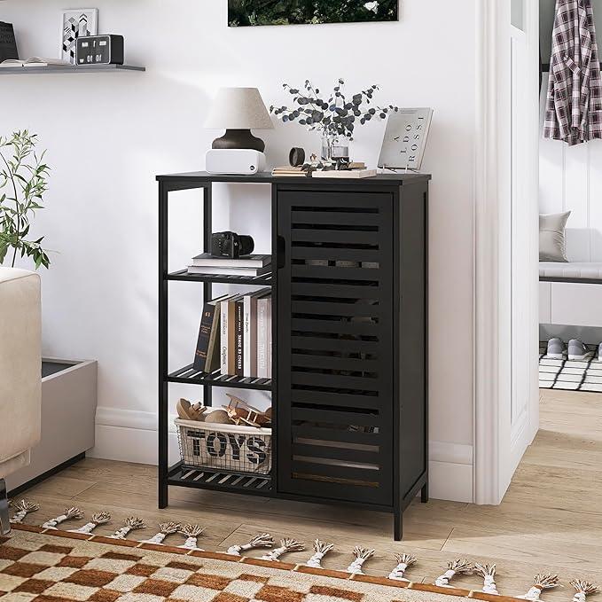 HITNET Black Bathroom Cabinet, Freestanding Storage Cabinet Bamboo Kitchen Floor Cupboard with Door and Shelf, Space Saving Side Storage Organizer for Living Room Bedroom Home Office - ModernBath
