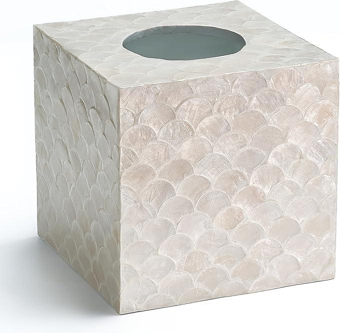 CHI AN HOME 5.8” Capiz Tissue Box Cover, Square Decorative Tissue Holder with Bottom Slider, Handmade Bathroom Accessories, Elegant White Cube for Vanity, Bedroom, Office & Coastal Décor (Natural) - ModernBath