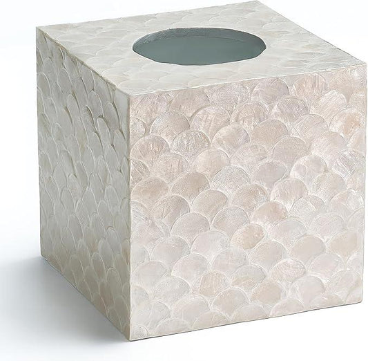 CHI AN HOME 5.8” Capiz Tissue Box Cover, Square Decorative Tissue Holder with Bottom Slider, Handmade Bathroom Accessories, Elegant White Cube for Vanity, Bedroom, Office & Coastal Décor (Natural) - ModernBath
