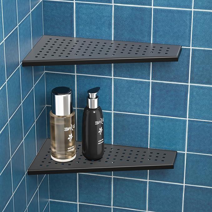 Corner Shower Shelf 2PCS, Trapezoid Bathroom Shelves 12'' for Tiled Wall, 304 Stainless Steel Grout in Shelf, No Drilling Needed (Black) - ModernBath