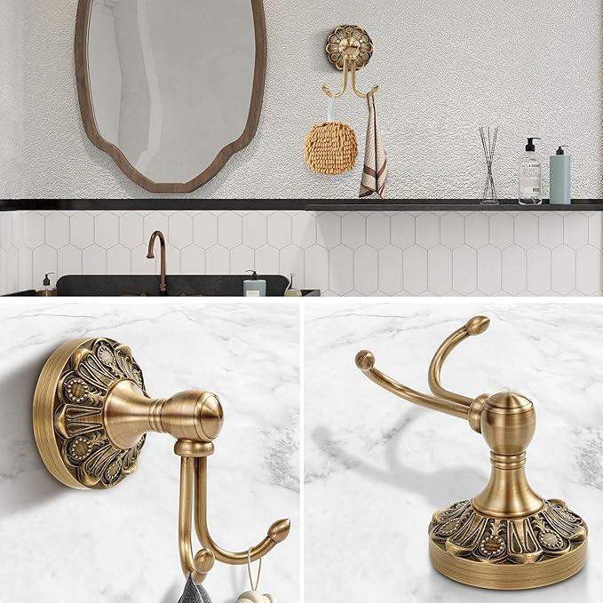 Brass Bathroom Accessory Set, Antique Brass Toilet Paper Holder Towel Ring Hook, Towel Hook Robe Toilet Paper Roll Holder, Rustic Towel Rack Bar Hardware Set Farmhouse Wall Mounted(4 Pieces) - ModernBath