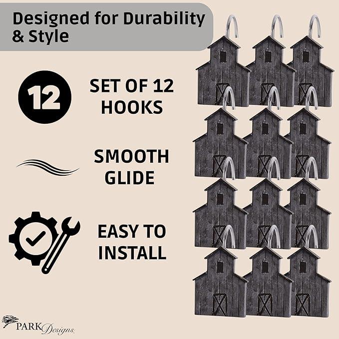 Park Designs Antique Farmhouse Barn Shower Curtain Hooks | Rustic Decorative Shower Curtain Rings Set of 12 | Resin & Stainless Steel Bathroom Shower Hooks | Vintage Country Bathroom Decor - ModernBath