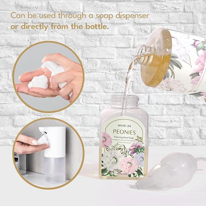 ROMIIE ZOI Foaming Hand Soap Refills 3-Pack (33.8 Fl Oz x 3) with Refilable Dispenser Peony Scented–Chemical-Free for Sensitive Skin, Bulk Refill Bottles for Bathroom & Kitchen Use - ModernBath
