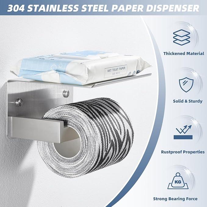 APLusee Brushed Nickel Toilet Paper Holder with Phone Shelf, 304 Stainless Steel Toilet Tissue Roll Holder, Wall Mounted Bathroom Paper Roll Dispenser - ModernBath