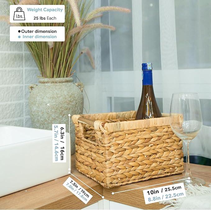 Small Wicker Baskets for Organizing Bathroom, Hyacinth Baskets for Storage, Wicker Storage Basket with Wooden Handle, Decorative Small Basket 10 x 7.5 x 6.3 inches - 3 Pack - ModernBath
